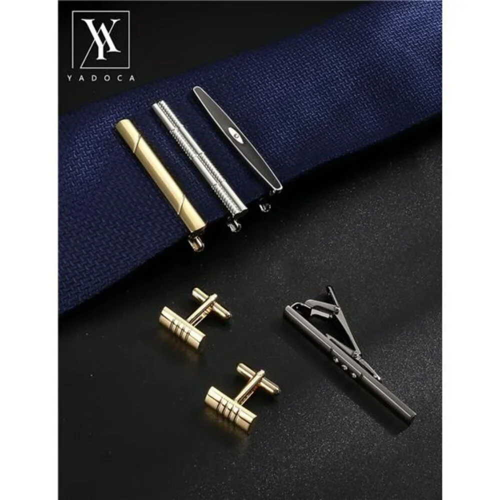 Men's tie clip and cufflink set silver gold black formal tuxedo shirt gift box
